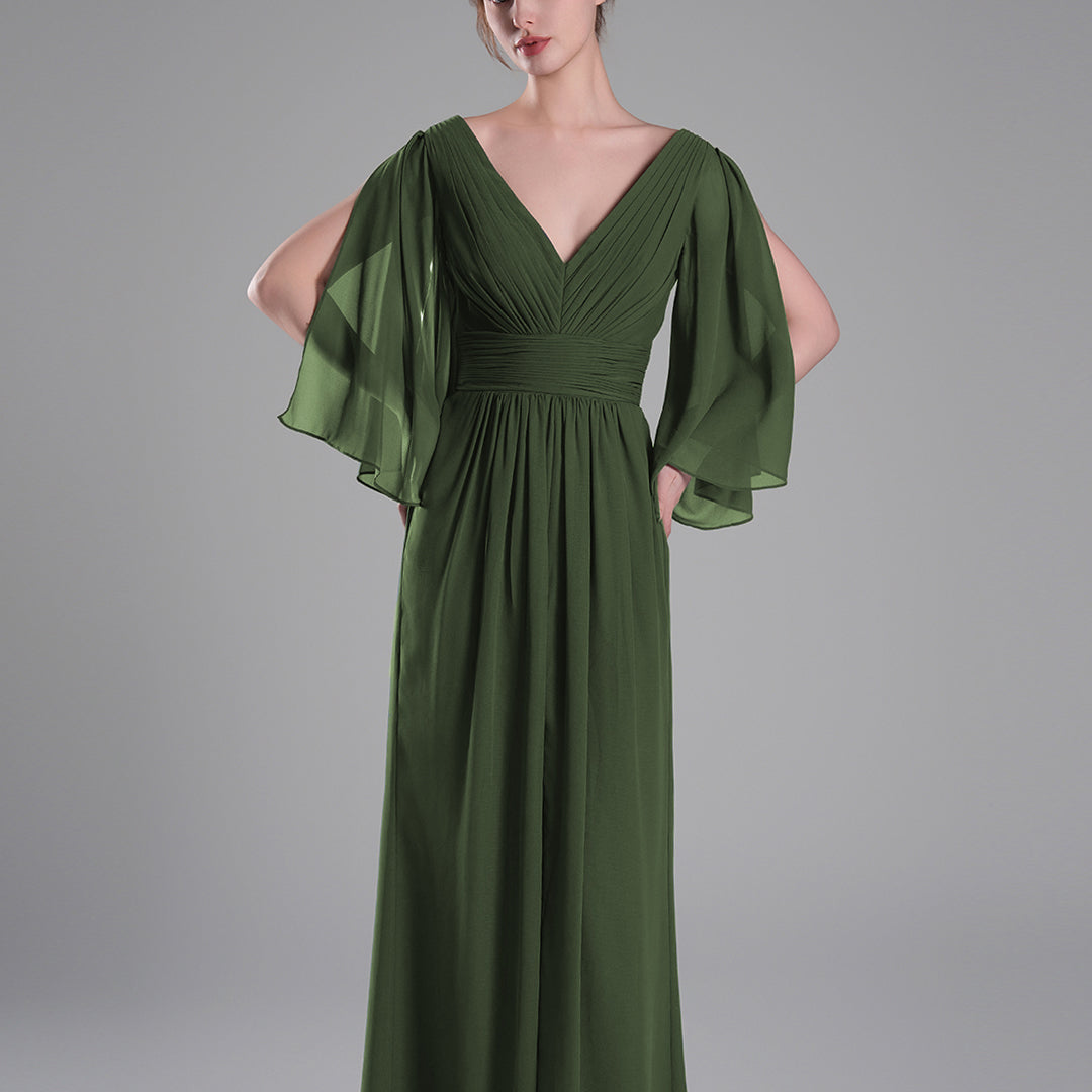 Flowing Chiffon Sleeves Ruched Waistline Slit Dresses