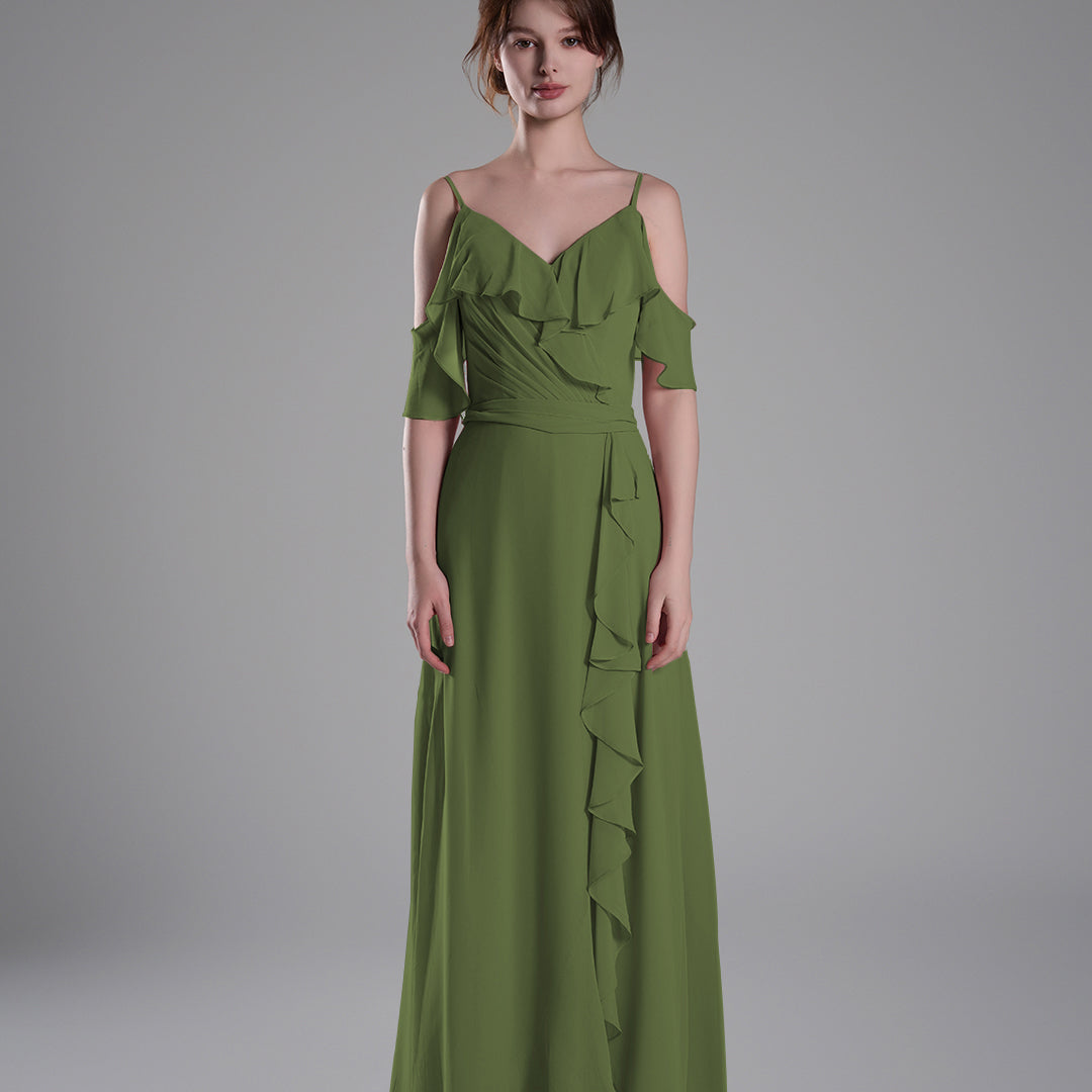 Adjustable Straps Ruffled Chiffon Long Dresses