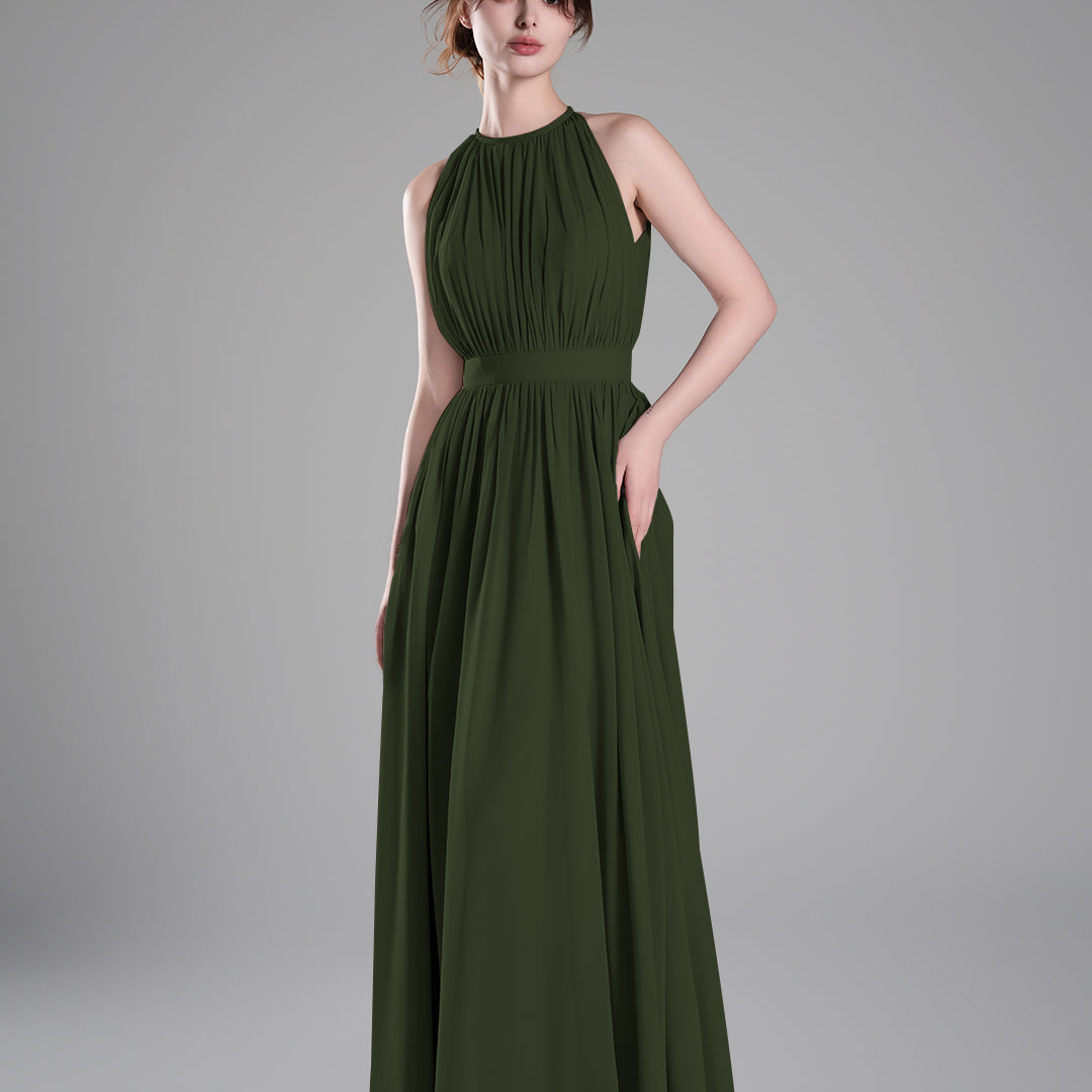 Halter Neckline Pleated Cinched Waist Dresses