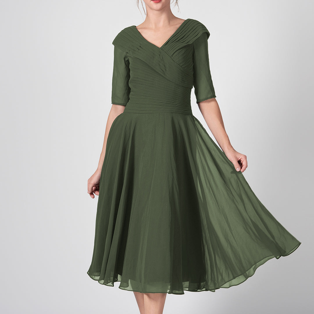 V-Neck Pleated A-Line Mother of the Bride Midi Dresses
