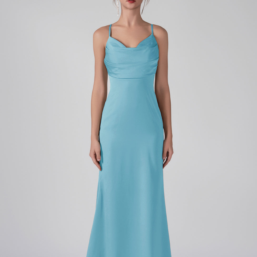 Spaghetti Straps Cowl Neck Ruffles Sheath Maxi Dress