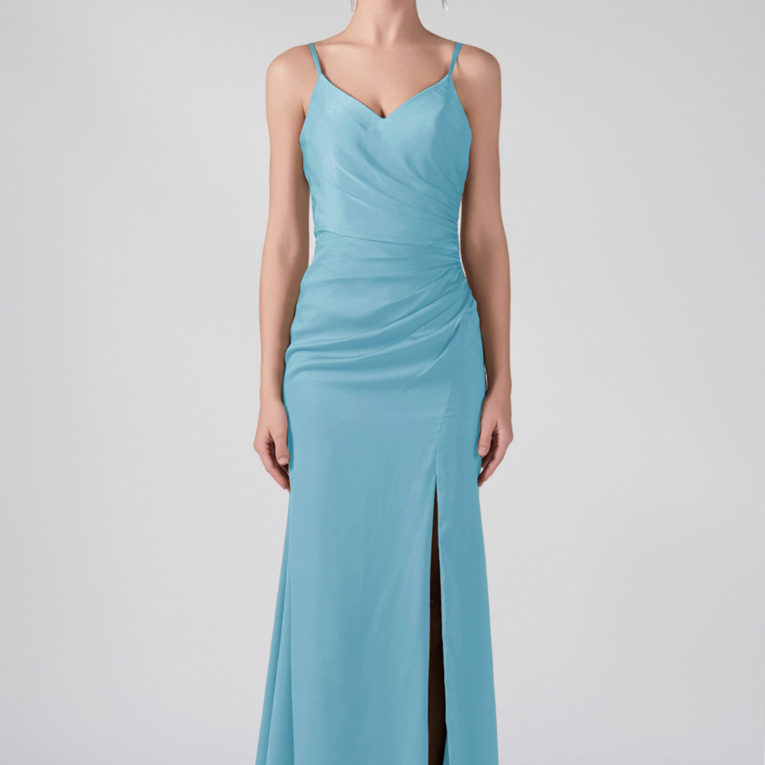 V-Neck Spaghetti Straps Front Split Ruffles Maxi Dress