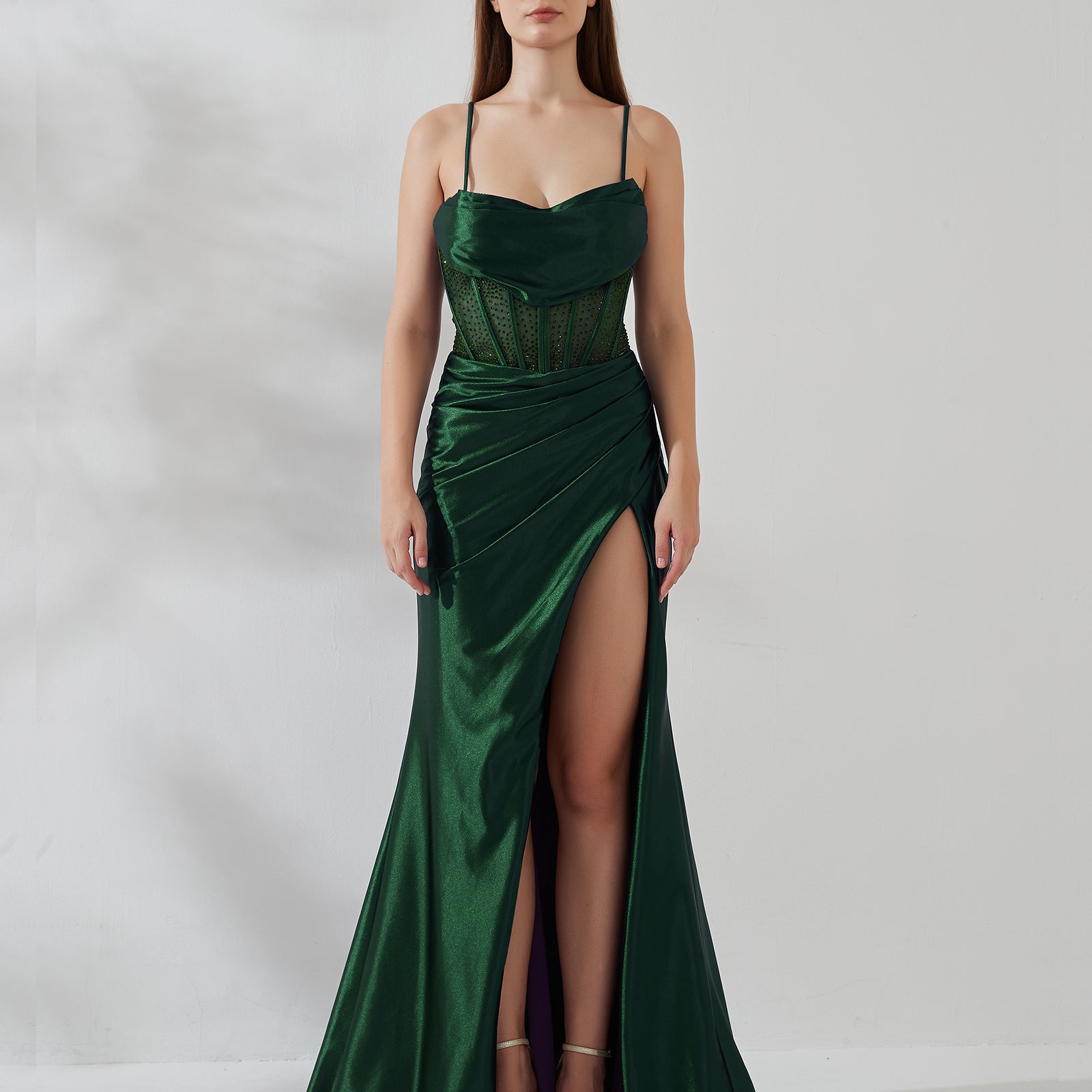 Spaghetti Strap Cowl Neck Sheer Boned Pleated Dress with Split