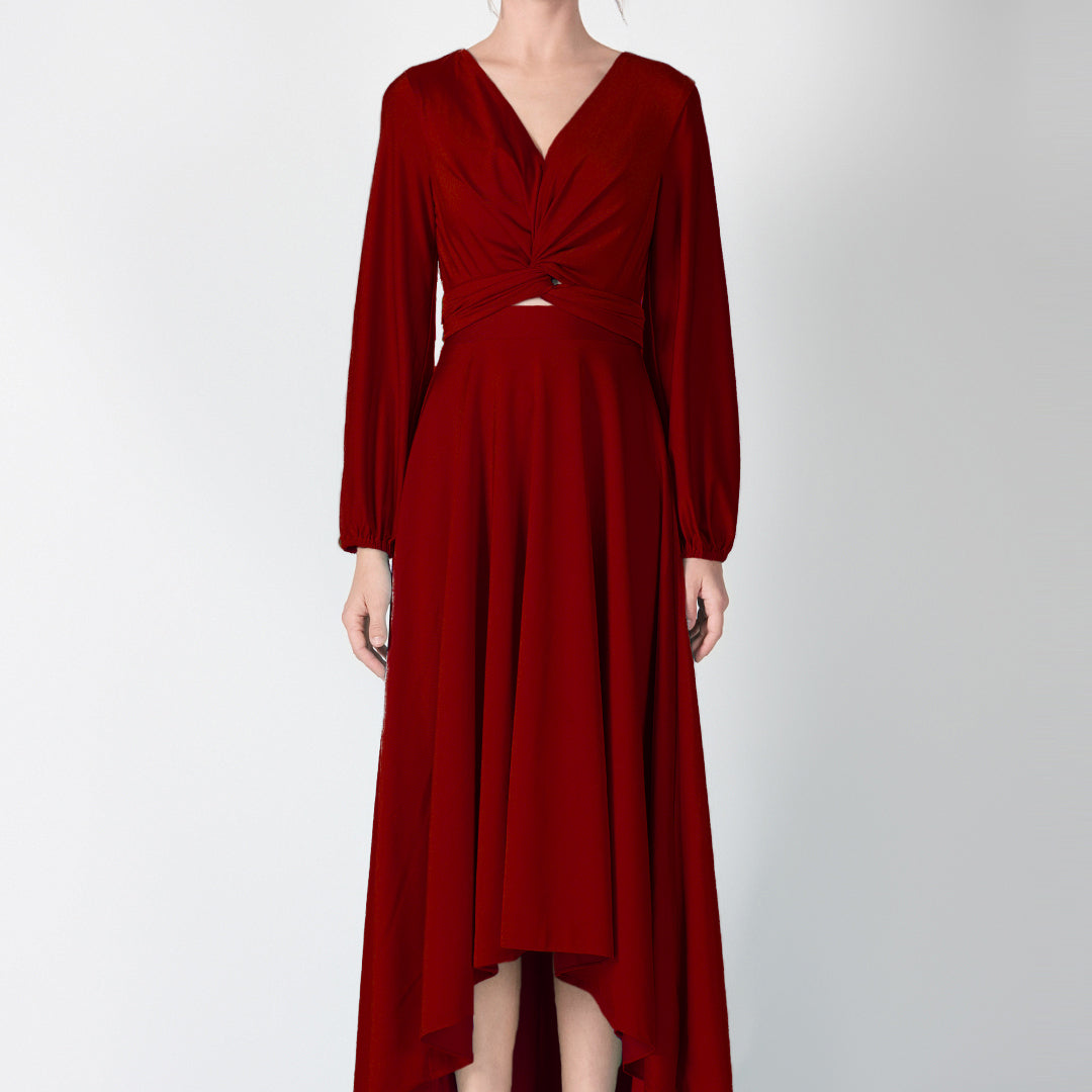 V-Neck Twist Front Detail High-Low Dresses