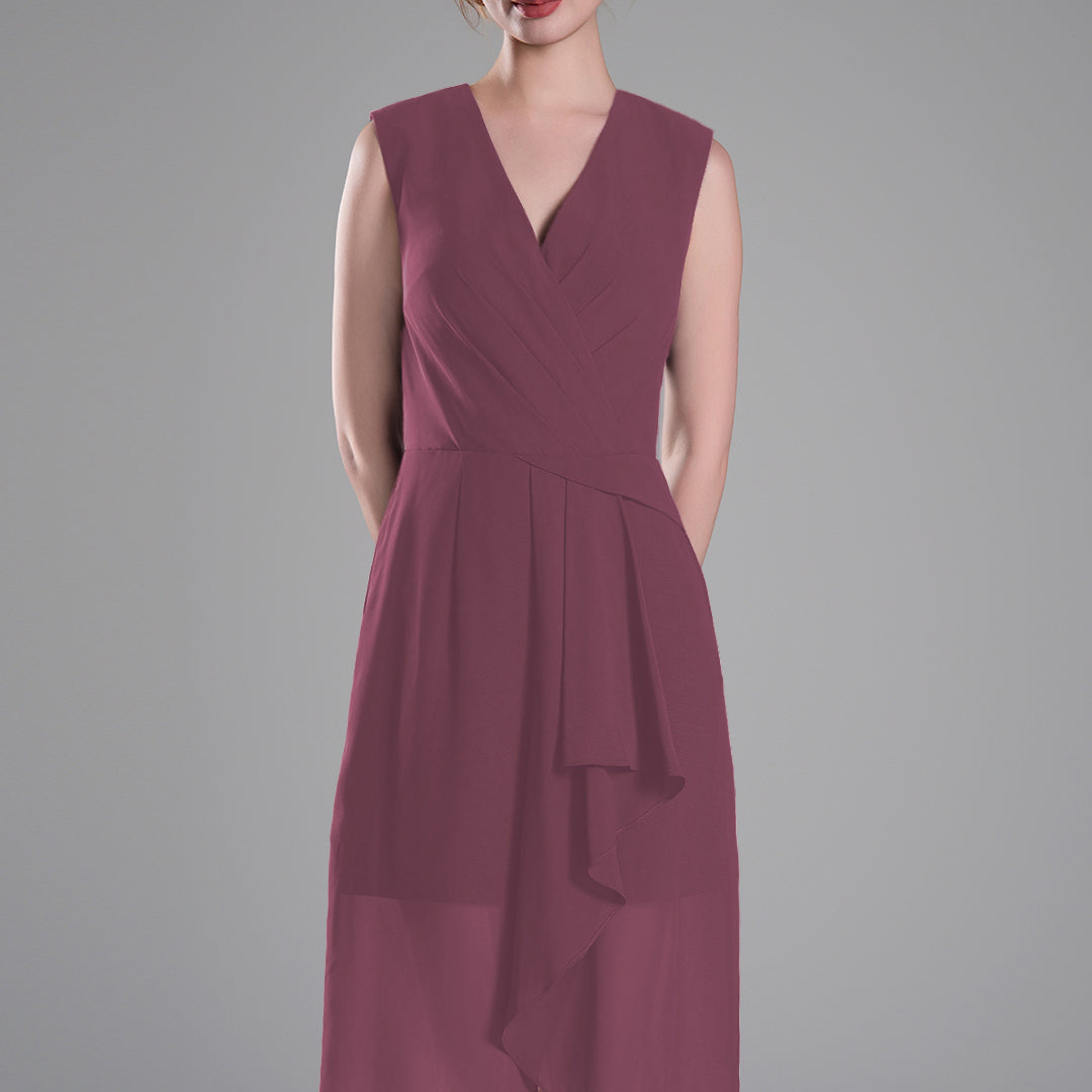 Sophisticated PleatedV-Neck Flared Hem Dress