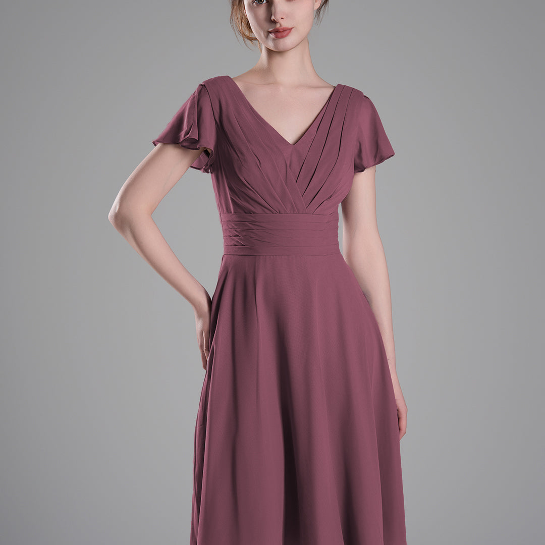 Flutter Sleeves Pleated V-Cut Back Mini Dresses