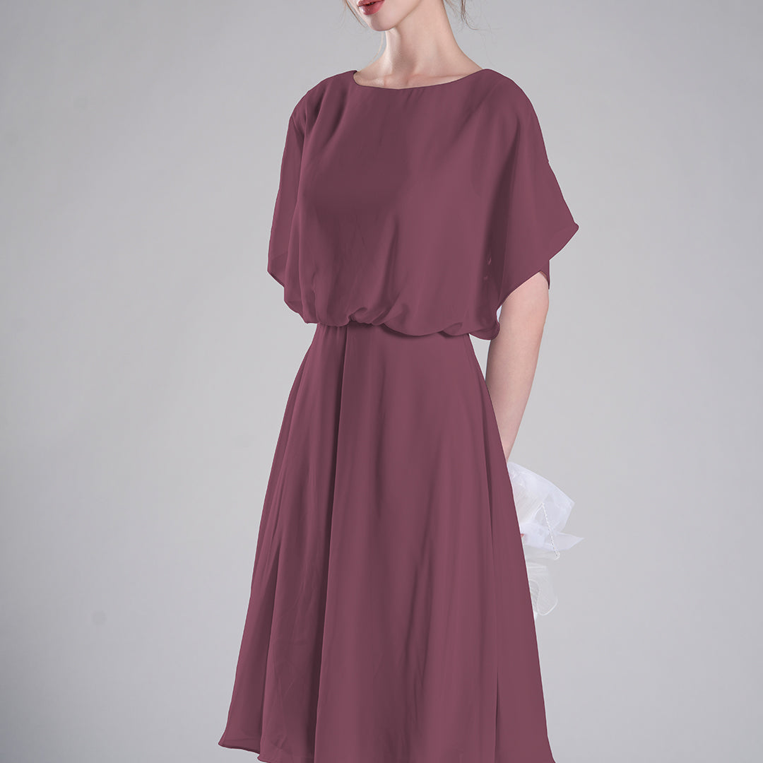 Round Neck Draped Sleeves Tie Detail Dresses