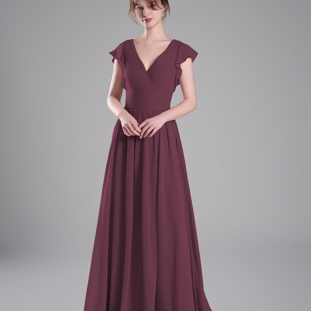 Flutter Sleeves Pleated Bodice Open Back Dresses