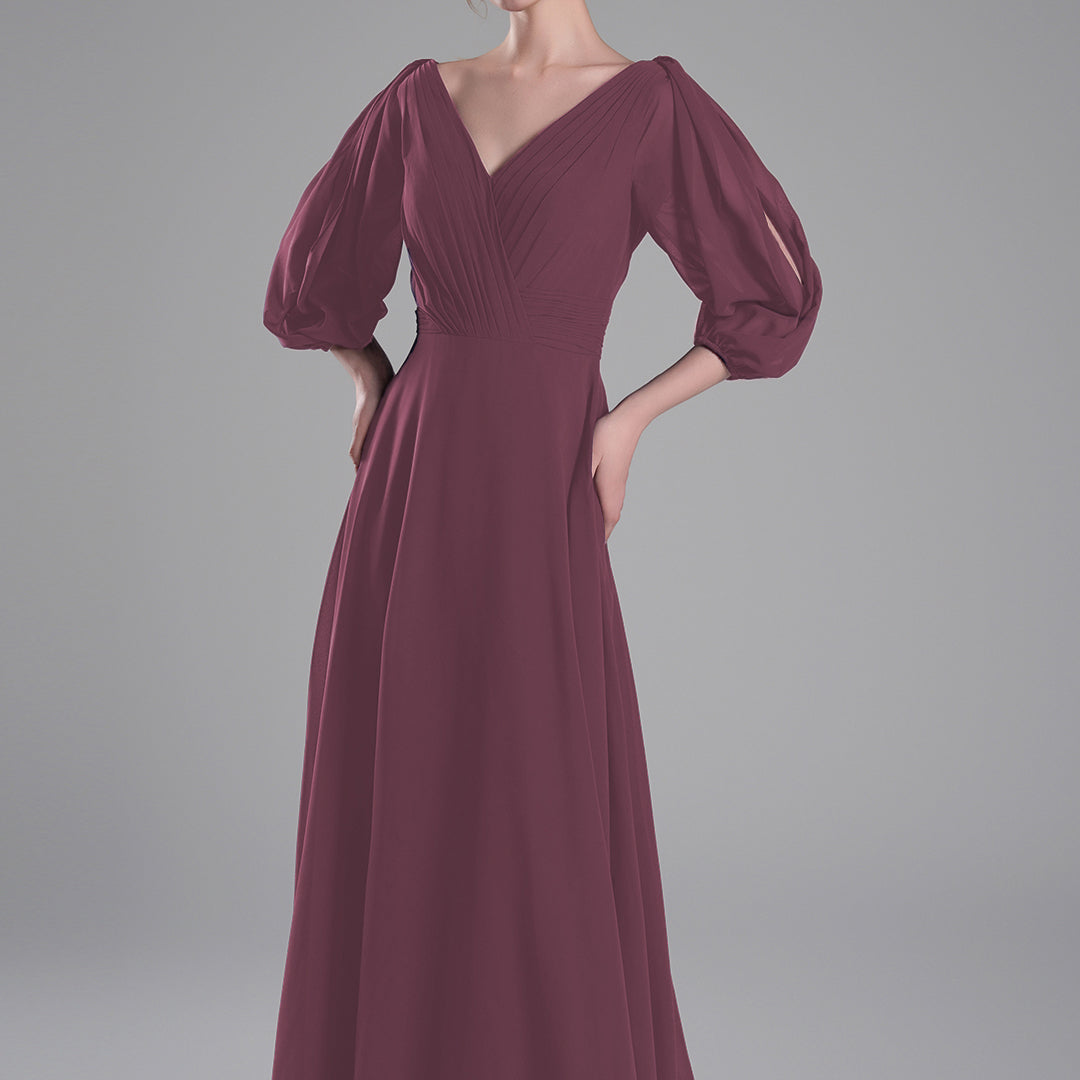 V-Neck Puffy Sleeves Pleated A-Line Dresses