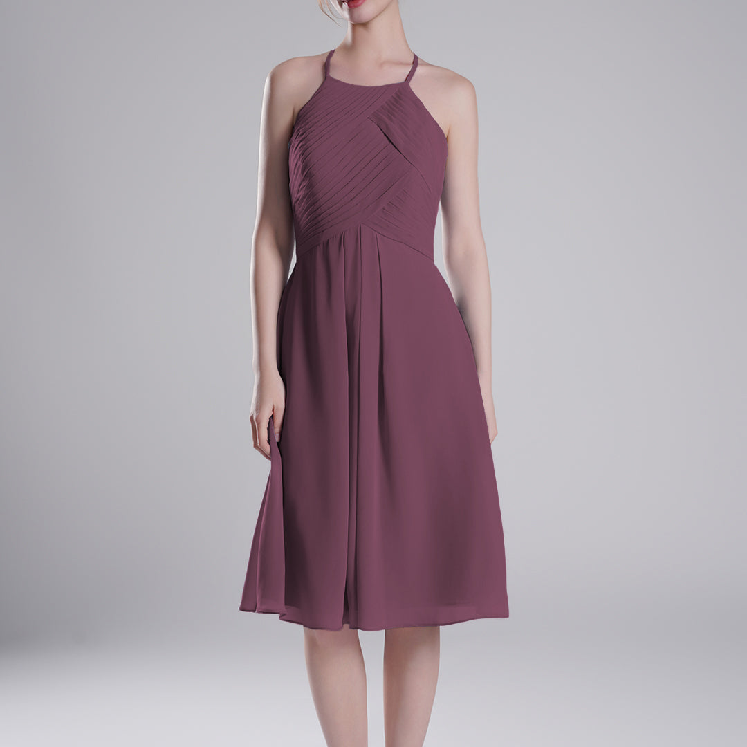 Halter Neckline Pleated Bodice Open Back Mini Dresses