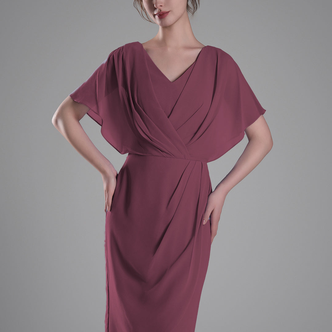 V-neck Pleated Cape Knee-length Dresses