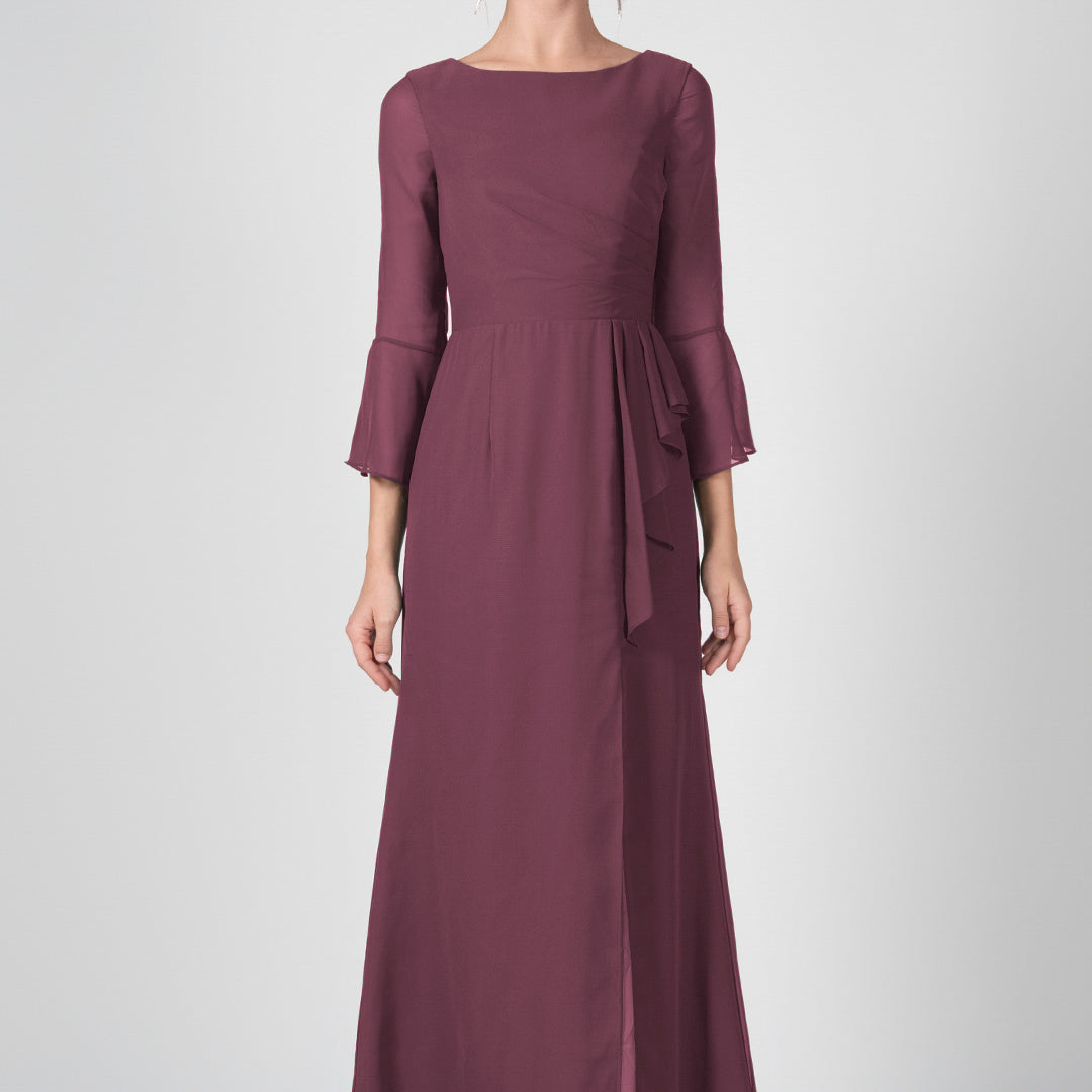 Bateau Neck Sheer Sleeve Split Maxi Dresses