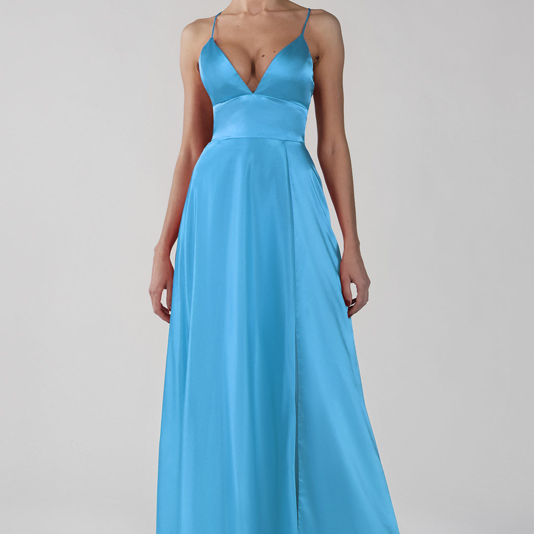 Deep V-Neck A-Line Backless Lace-Up Satin Maxi Dress