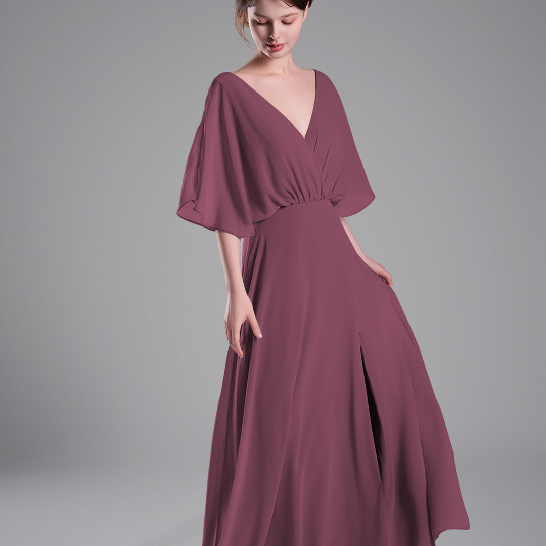 Draped Sleeves High Slit Backless Dresses