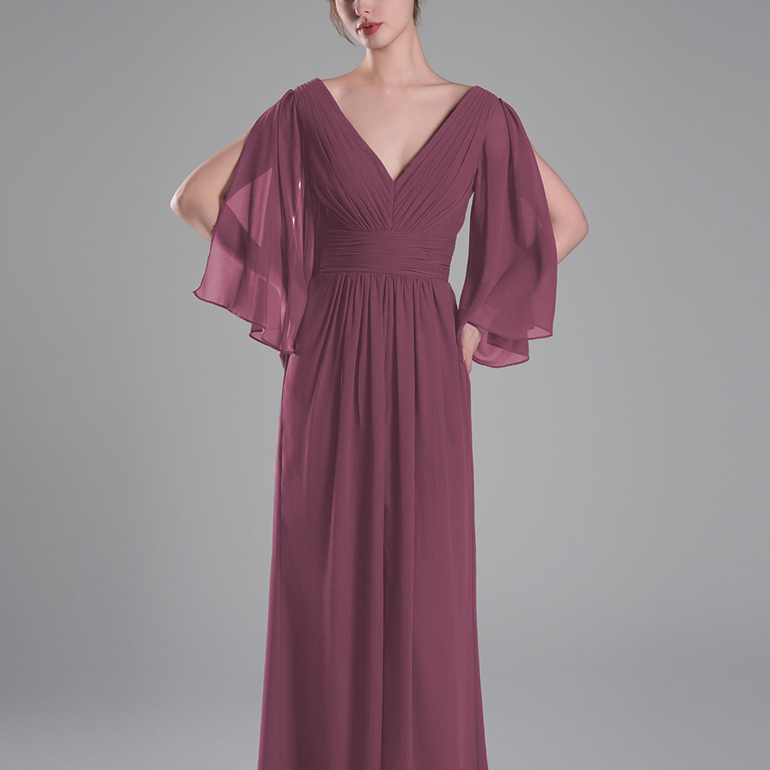 Flowing Chiffon Sleeves Ruched Waistline Slit Dresses