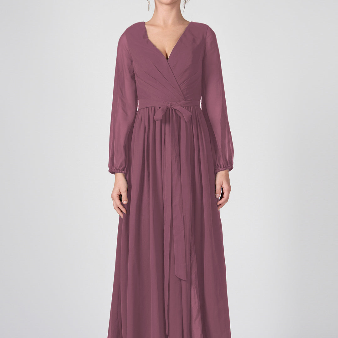 Ruched V-Neck Long Sleeve Split Maxi Dresses with Tie