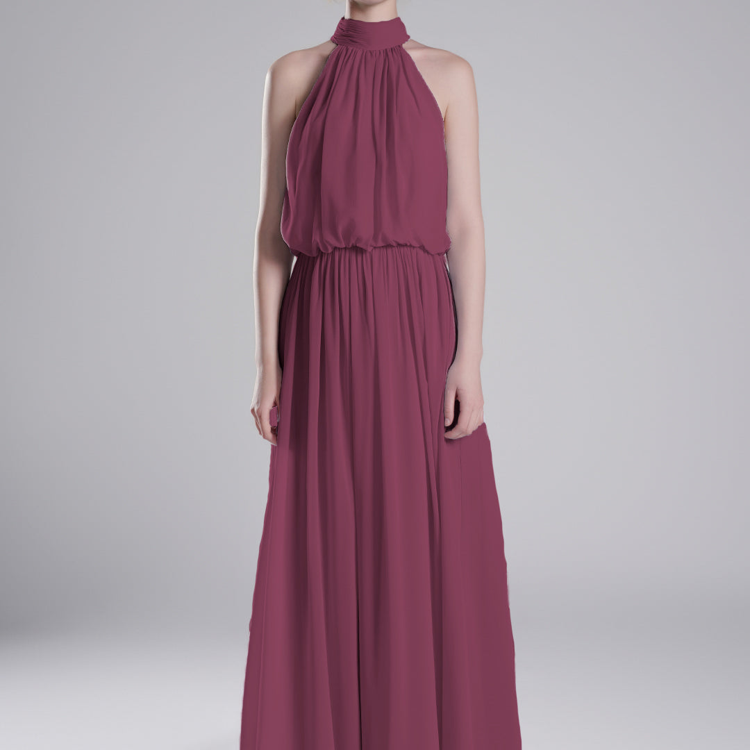 High Halter Neck Pleated Flowing A-Line Dresses