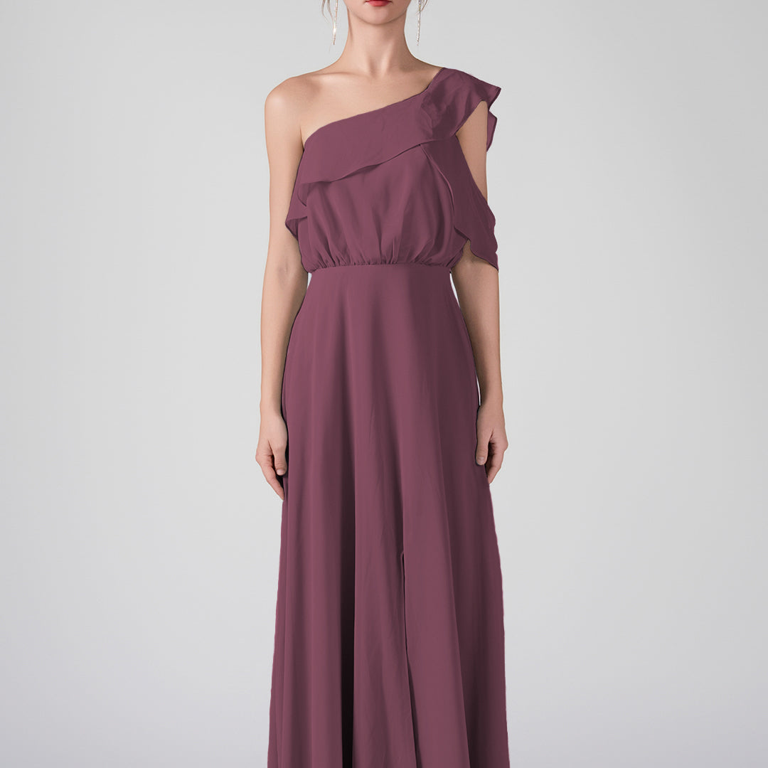One Shoulder Ruffled Sleeves Front Split A-Line Maxi Dress