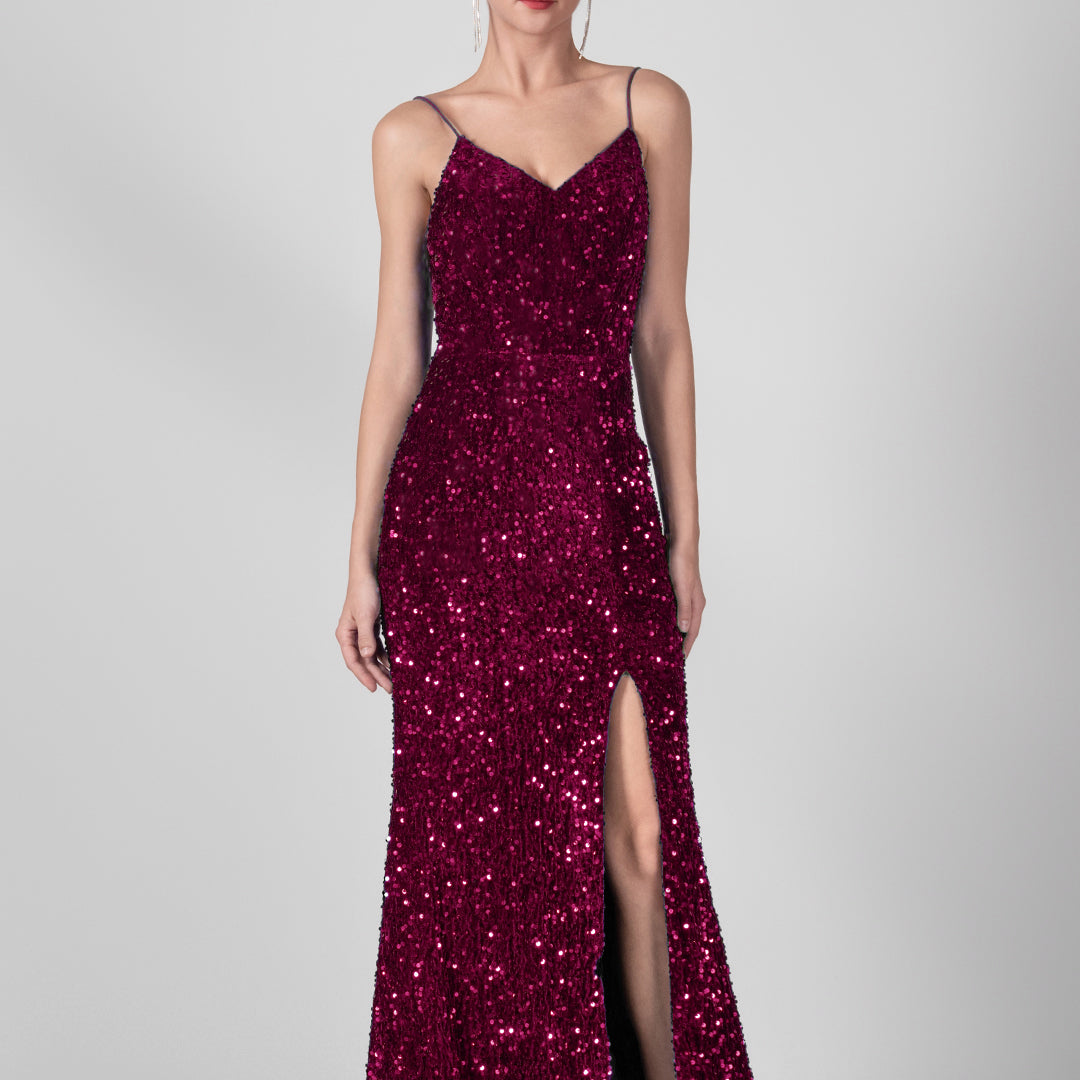 Spaghetti Straps Sequin High Slit Backless Dresses