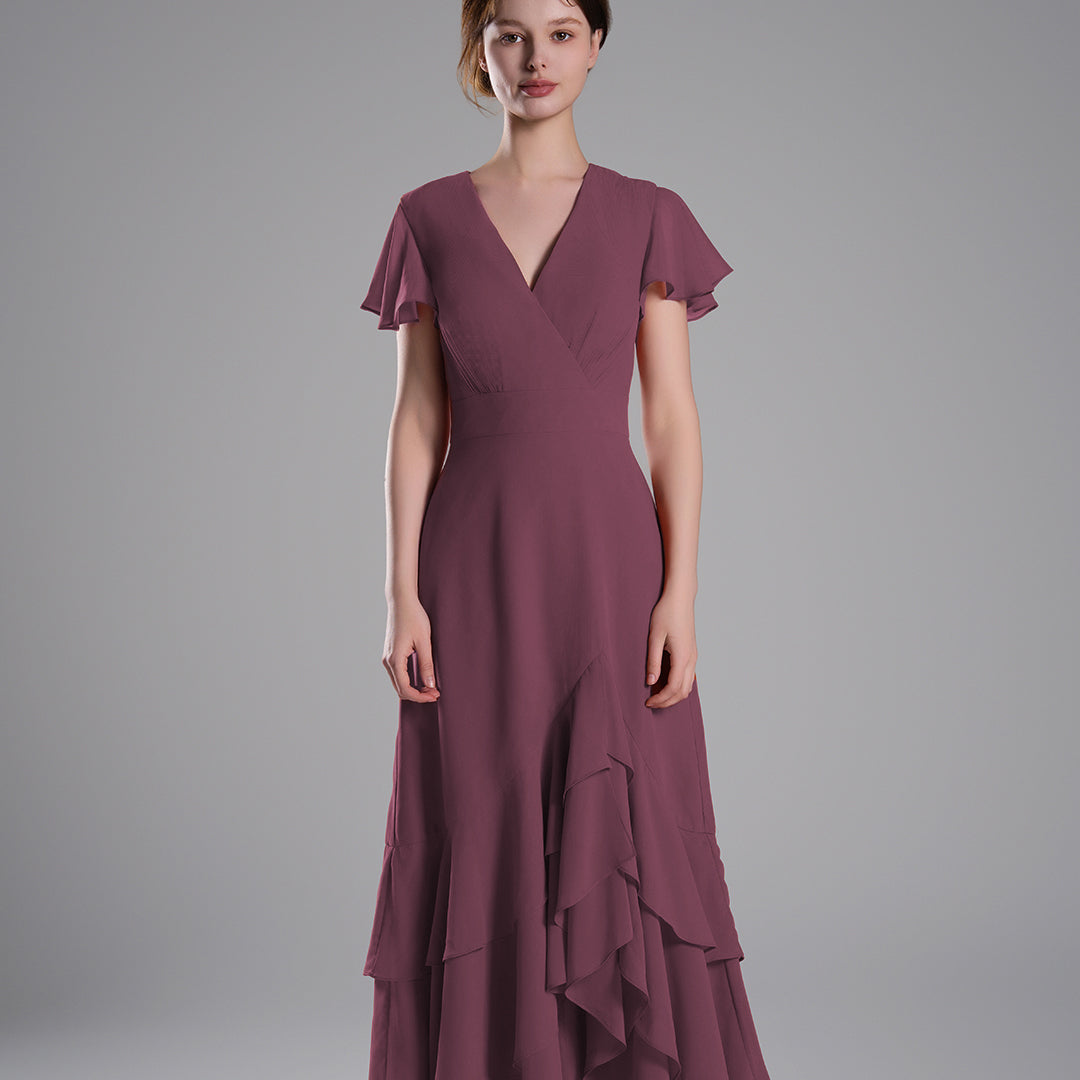 V-Neck Flutter Sleeves Asymmetrical Hemline Dresses