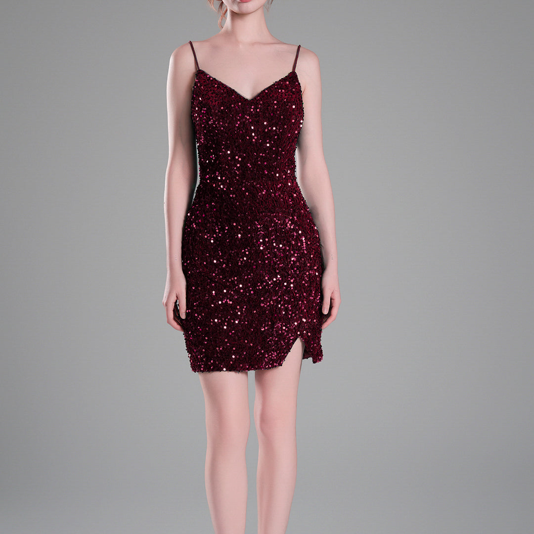 Spaghetti Straps Sparkling Velvet Sequin Mini Dress