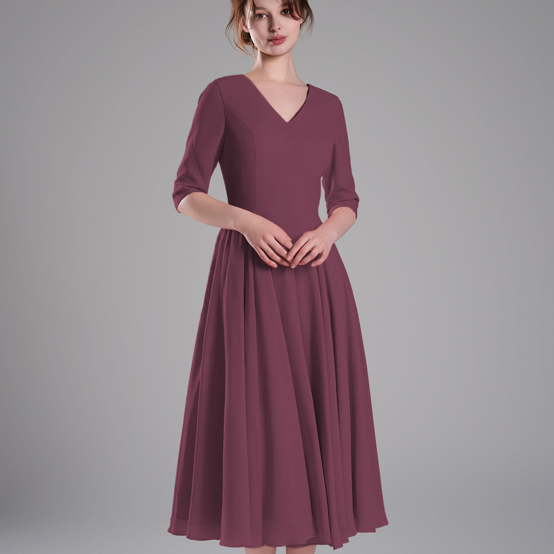 Elegant Chiffon Midi Dress with 3/4 Sleeves