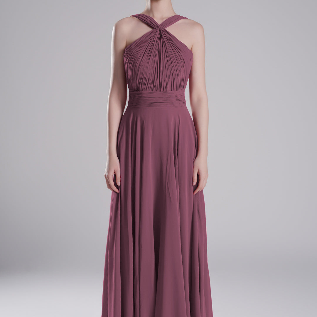 Halter Neck Cross Straps Pleated Waist A-Line Dresses