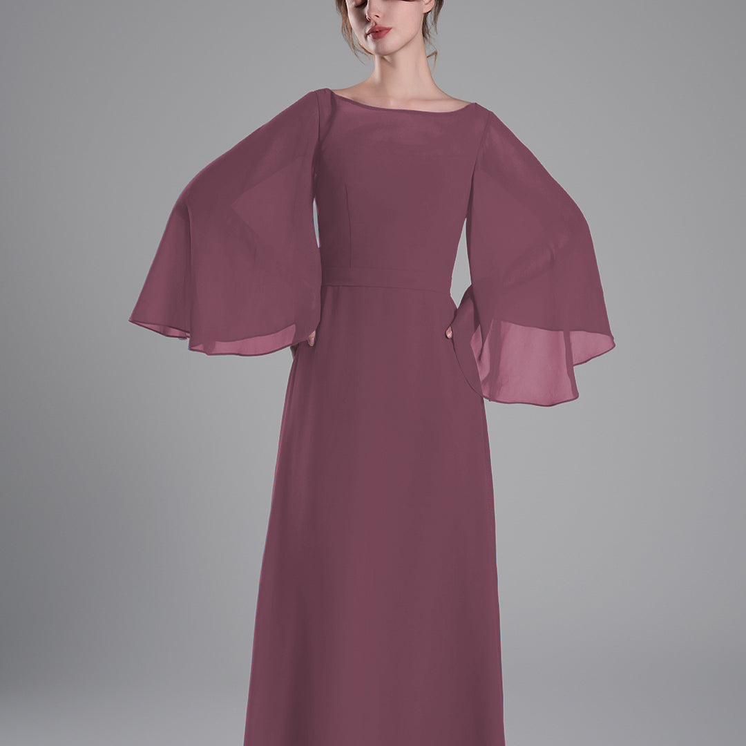 Boat Neckline Bell Sleeves Floor-Length A-Line Dresses