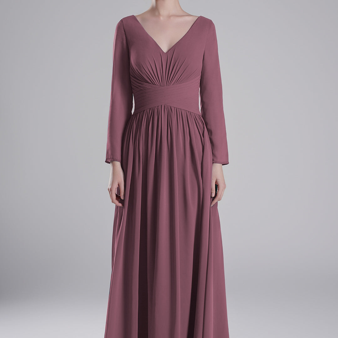 V-Neck Pleated Fitted Waist Flowing A-Line Dresses