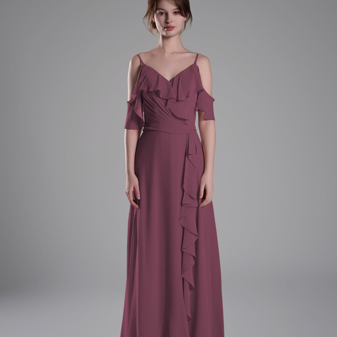 Adjustable Straps Ruffled Chiffon Long Dresses