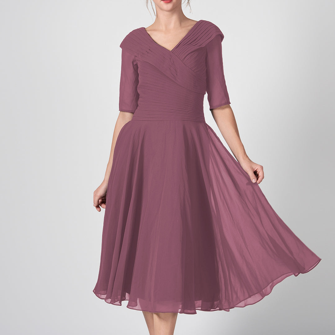 V-Neck Pleated A-Line Mother of the Bride Midi Dresses