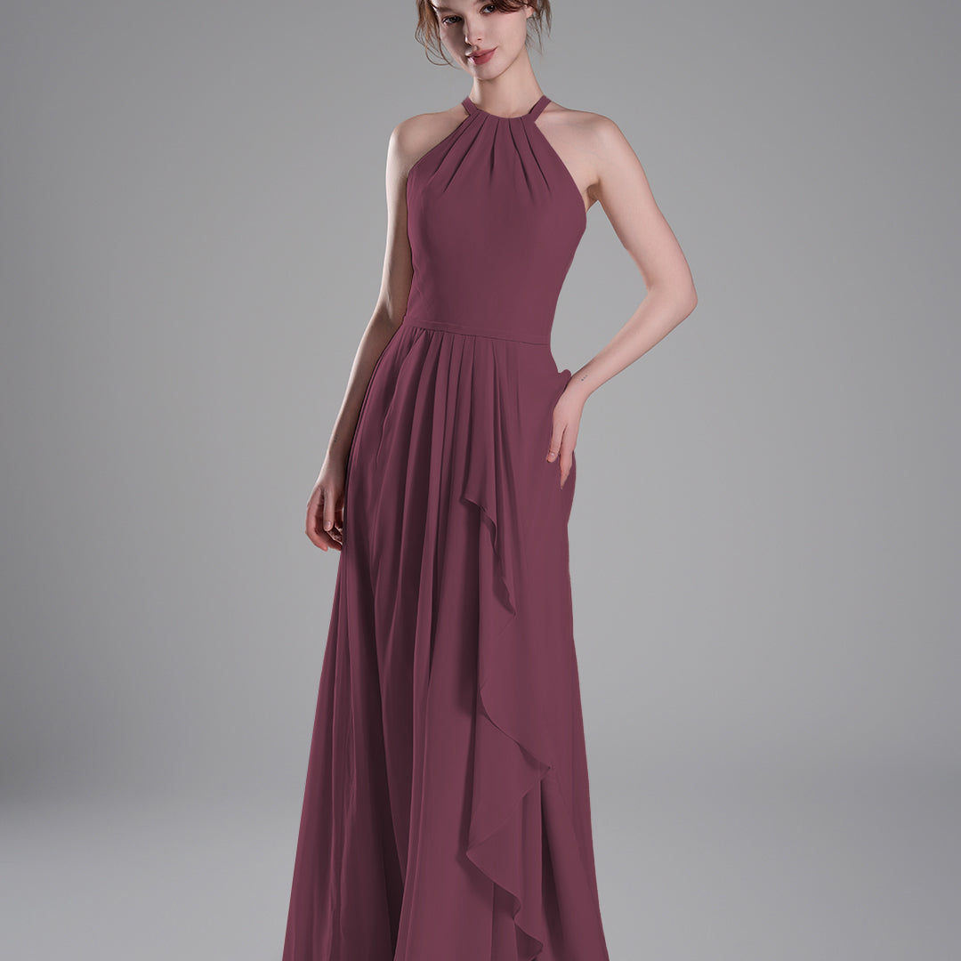 Halter Neckline Pleated Asymmetrical Ruffle Dresses