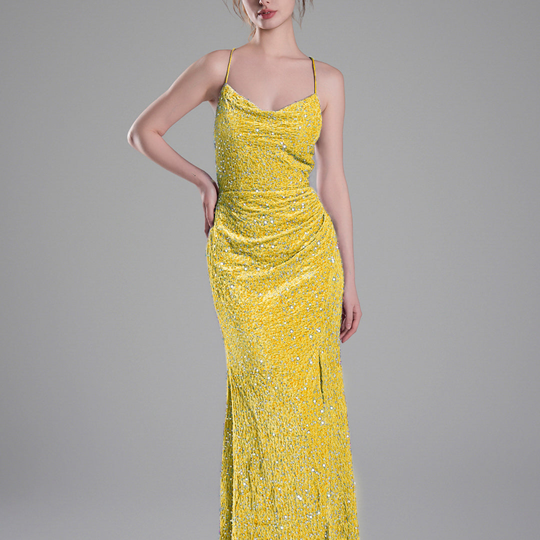 Cowl Neckline Eye-Catching Sequin Lace-Up Dresses