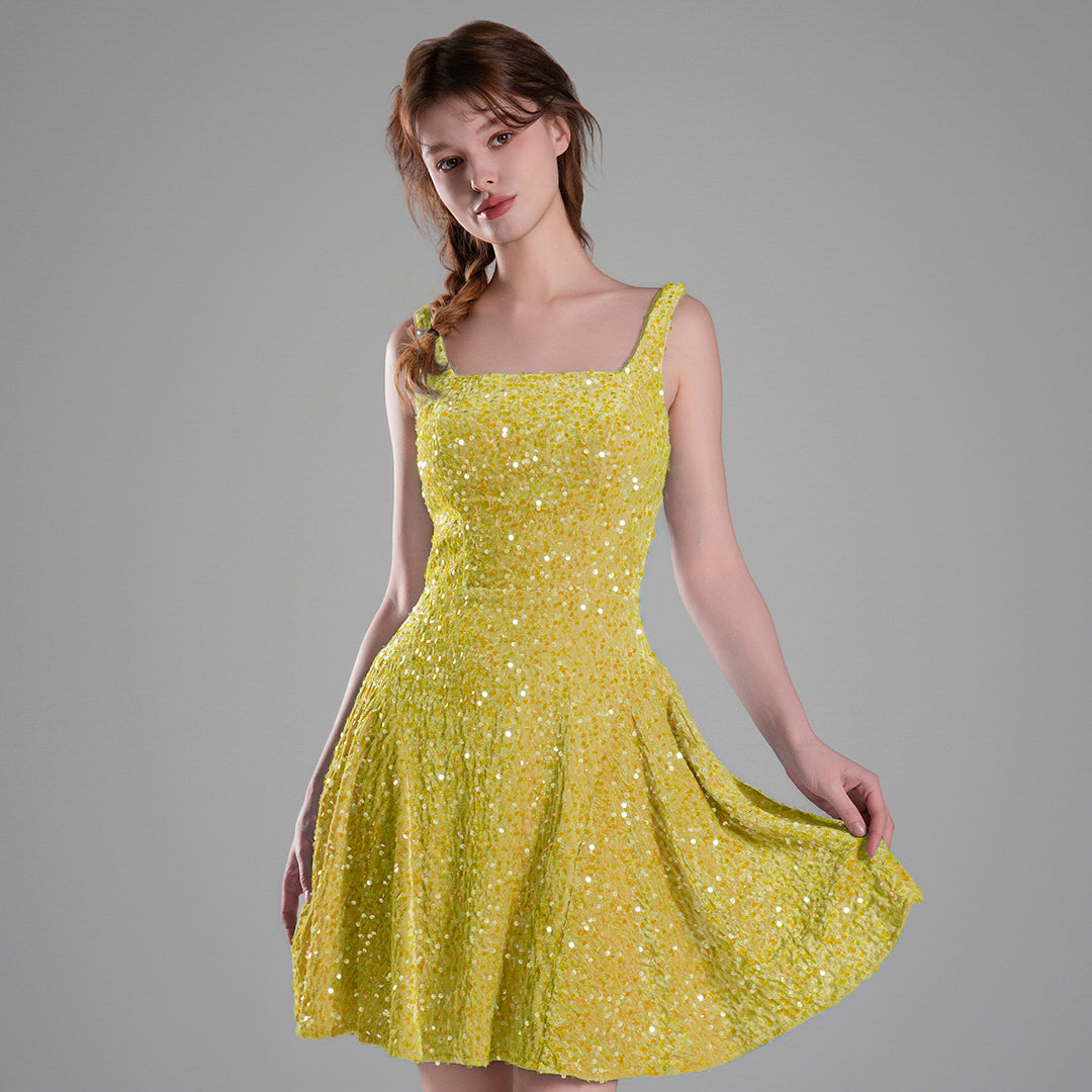 Square-Neck Wide Straps Sequins Pleated Dresses