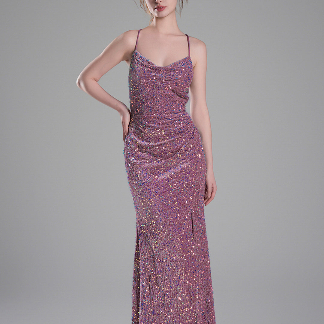Cowl Neckline Eye-Catching Sequin Lace-Up Dresses
