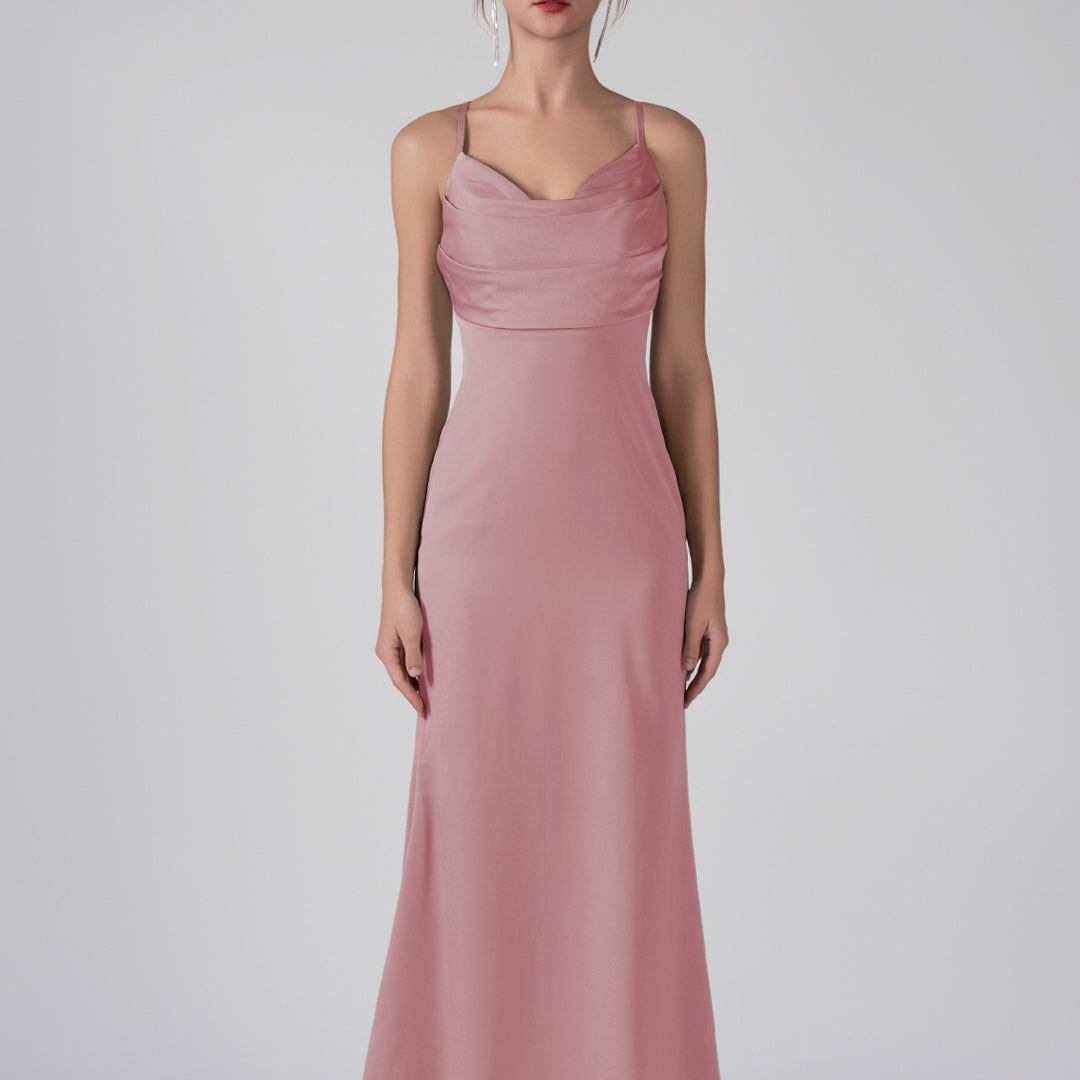 Spaghetti Straps Cowl Neck Ruffles Sheath Maxi Dress