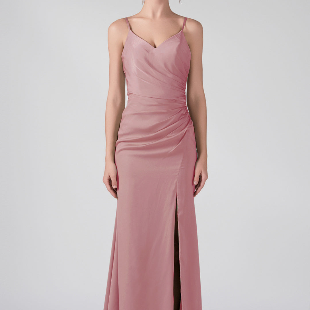 V-Neck Spaghetti Straps Front Split Ruffles Maxi Dress
