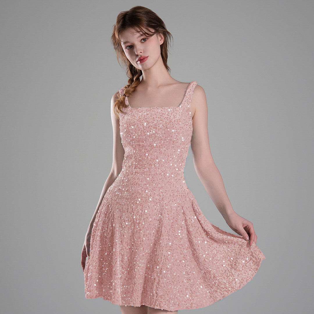 Square-Neck Wide Straps Sequins Pleated Dresses