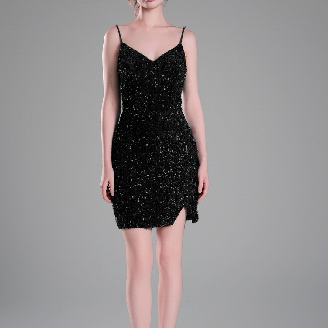 Spaghetti Straps Sparkling Velvet Sequin Mini Dress