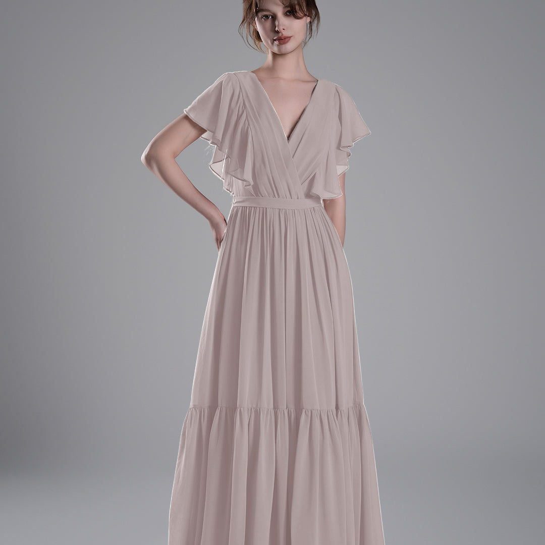 Elegant Ruffled V-Neck Chiffon Patchwork Maxi Dress