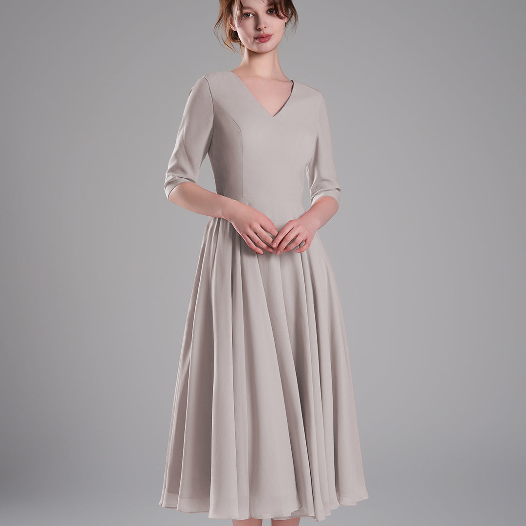 Elegant Chiffon Midi Dress with 3/4 Sleeves