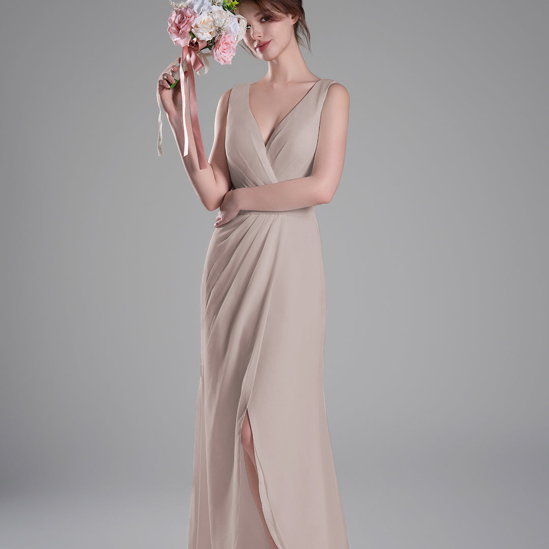 V-Neck Crossover Bodice Pleated Front Slit Dresses