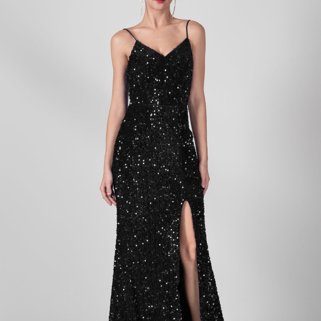 Spaghetti Straps Sequin High Slit Backless Dresses