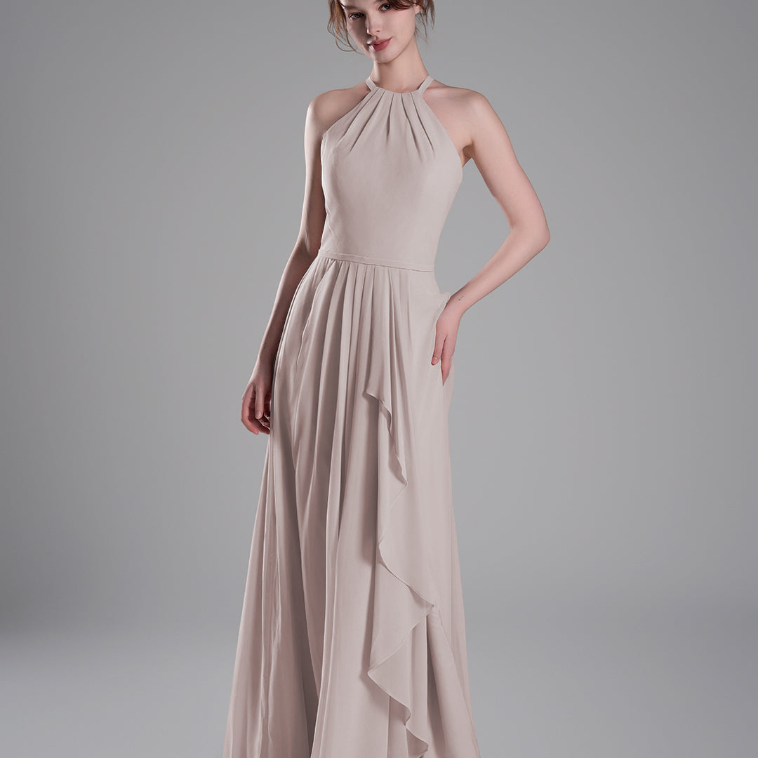 Halter Neckline Pleated Asymmetrical Ruffle Dresses