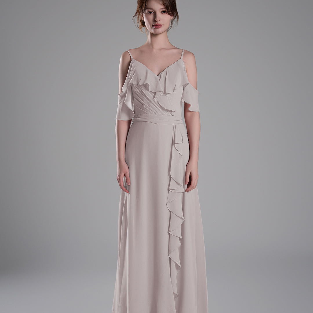 Adjustable Straps Ruffled Chiffon Long Dresses