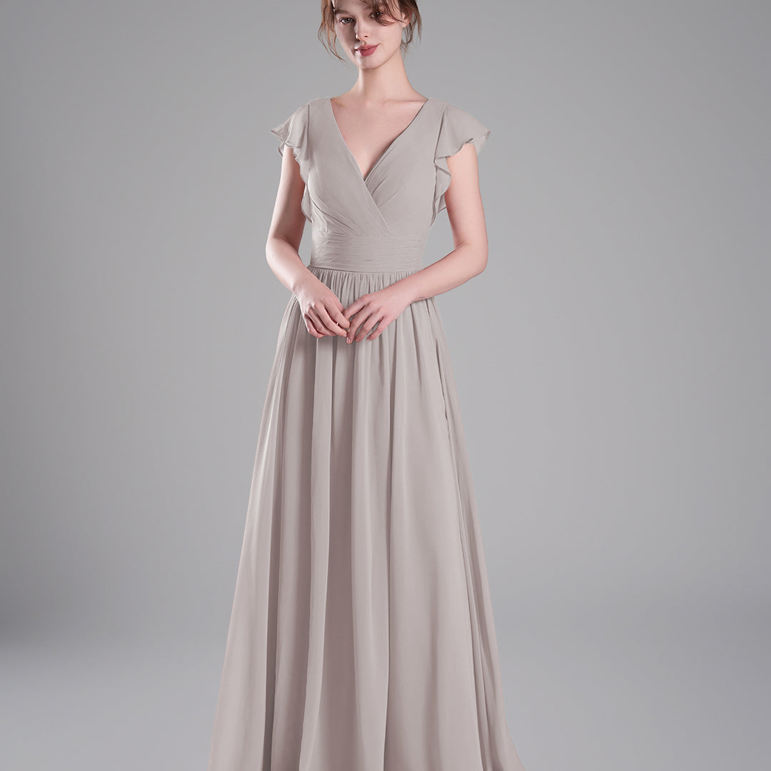 Flutter Sleeves Pleated Bodice Open Back Dresses