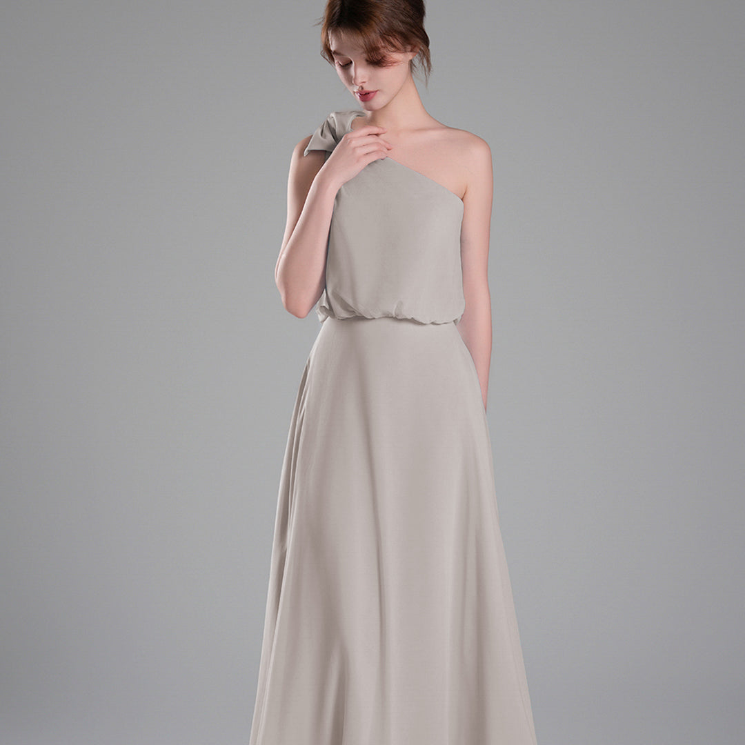 One-Shoulder Bow Detail Flowing A-Line Dresses