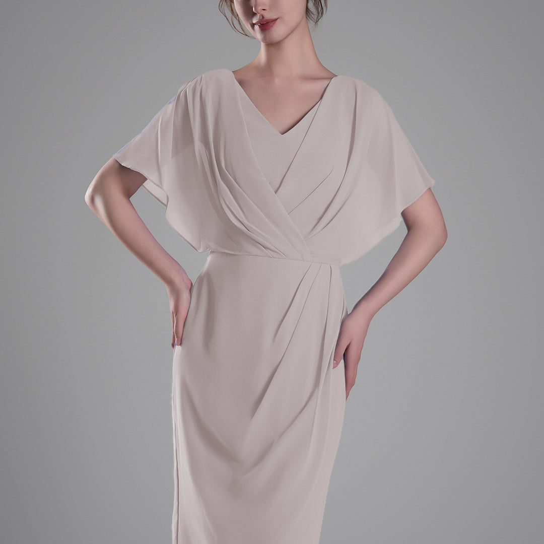 V-neck Pleated Cape Knee-length Dresses
