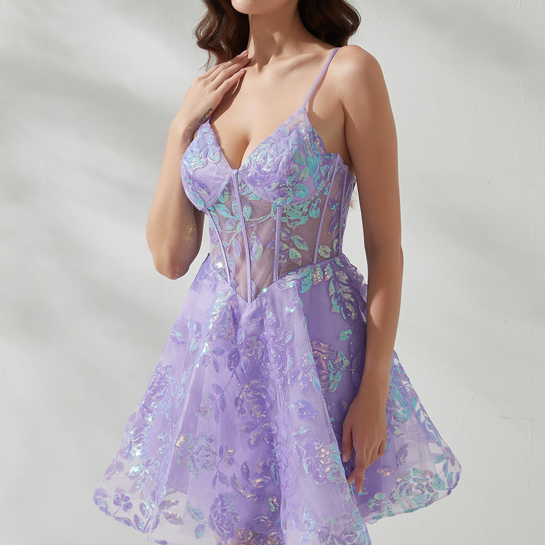 V-Neck Spaghetti Straps Illusion Sequins Mesh Party Mini Dresses