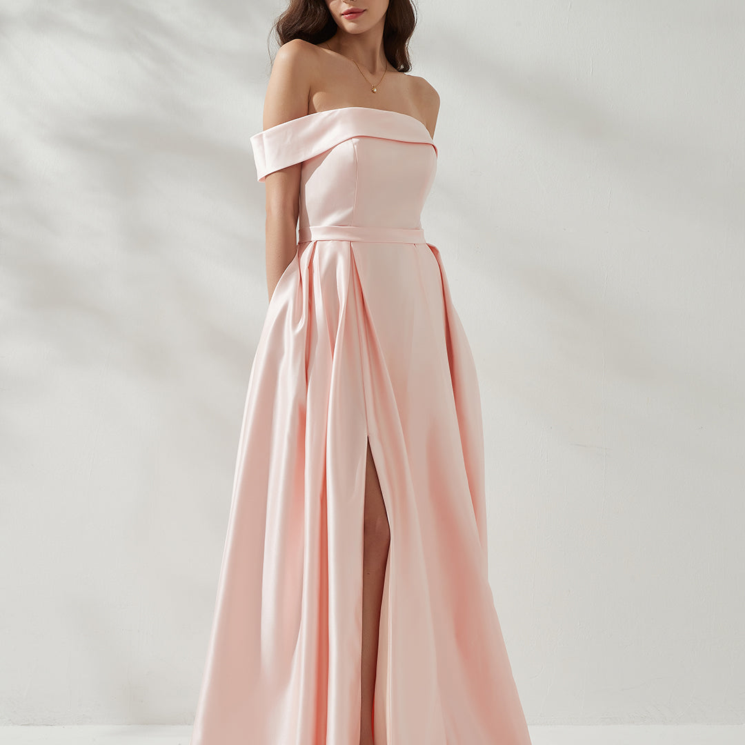 Off-shoulder Back Zipper Floor-length Evening Dress with Pockets